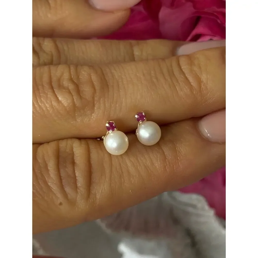 14K Yellow Gold Pearl & Ruby Stud Earrings